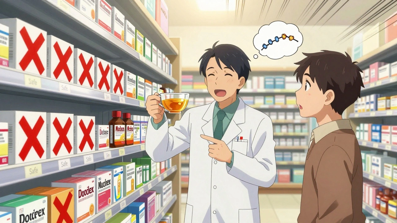 Pharmacist offering safe alternatives, red Xs over dangerous medicines, warm light glow.