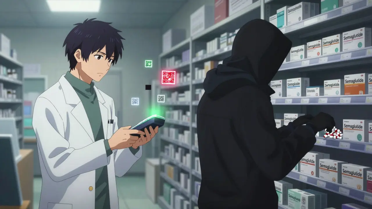 Pharmacist verifying medication while shadowy figure slips counterfeit pills onto a shelf.