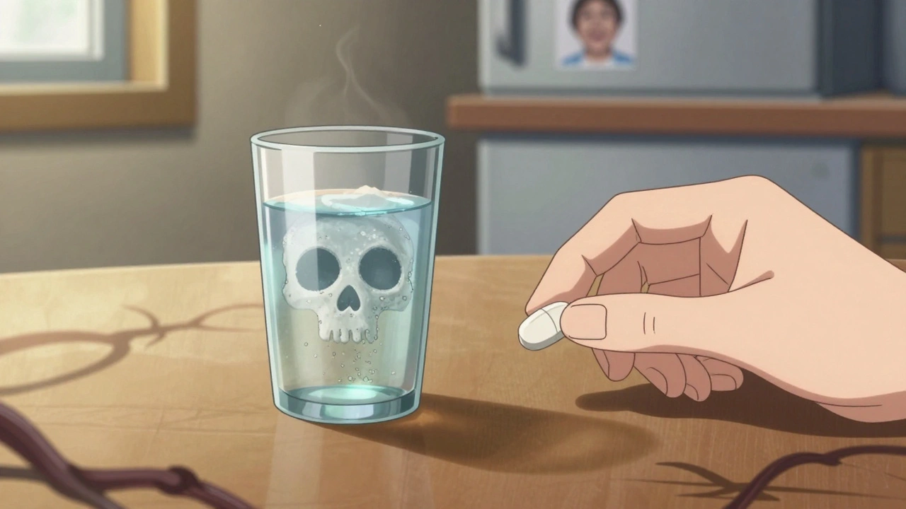 Pill dissolving rapidly in water, forming a skull shape, next to a real pill that dissolves slowly.