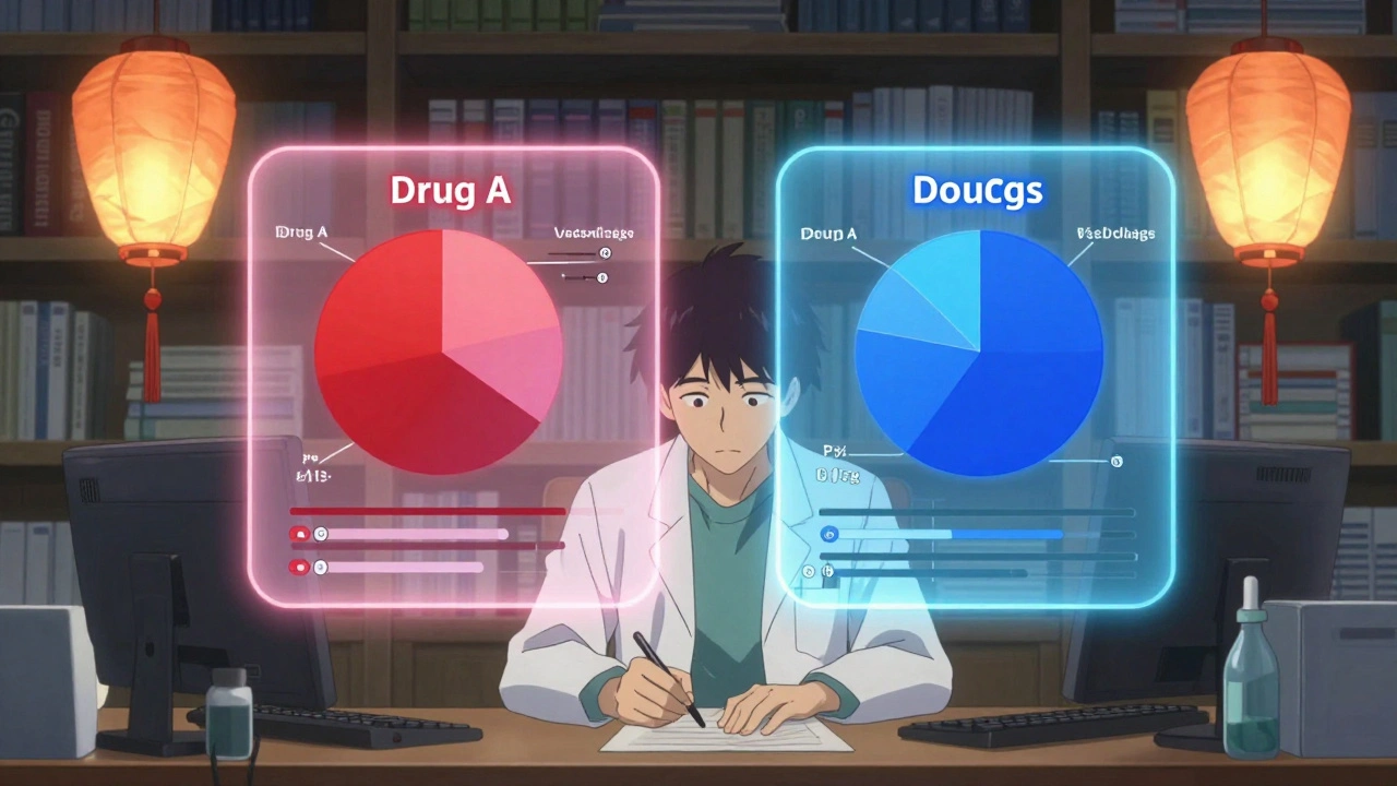 Researcher comparing drug side effects using VisDrugs with floating data charts