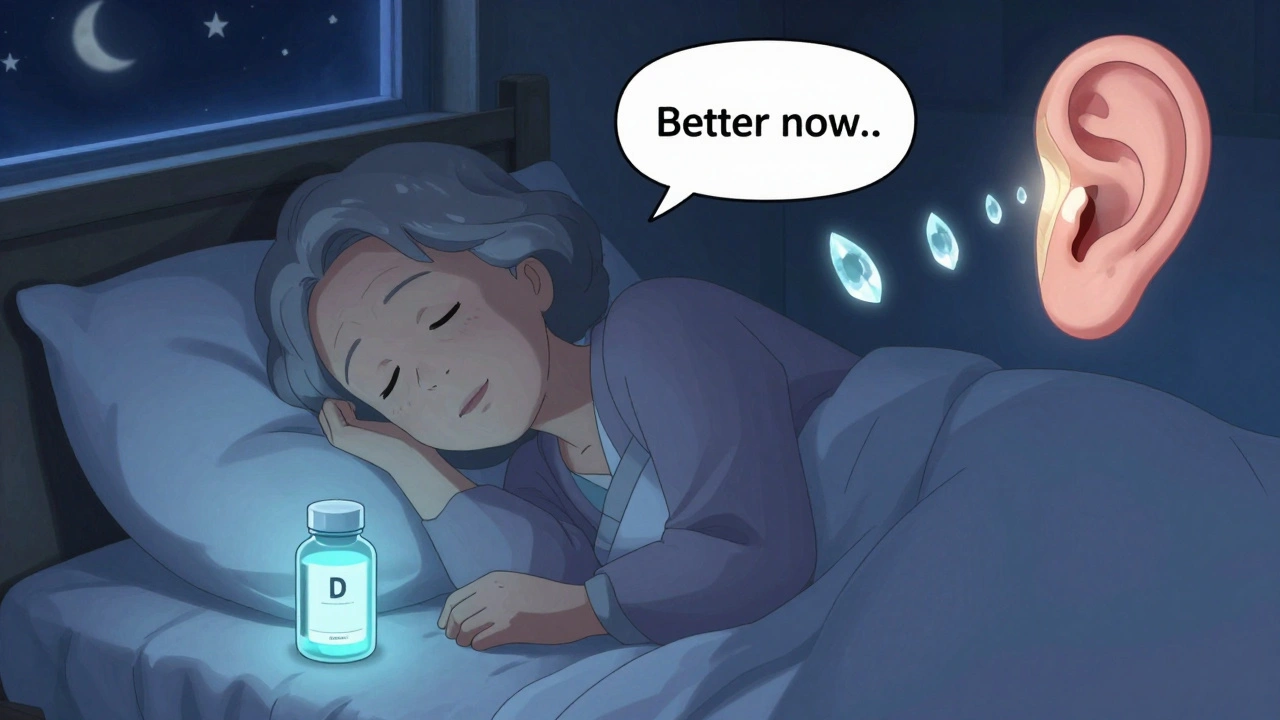 Senior woman sleeping safely with vitamin D supplement, inner ear crystals returning to normal position.