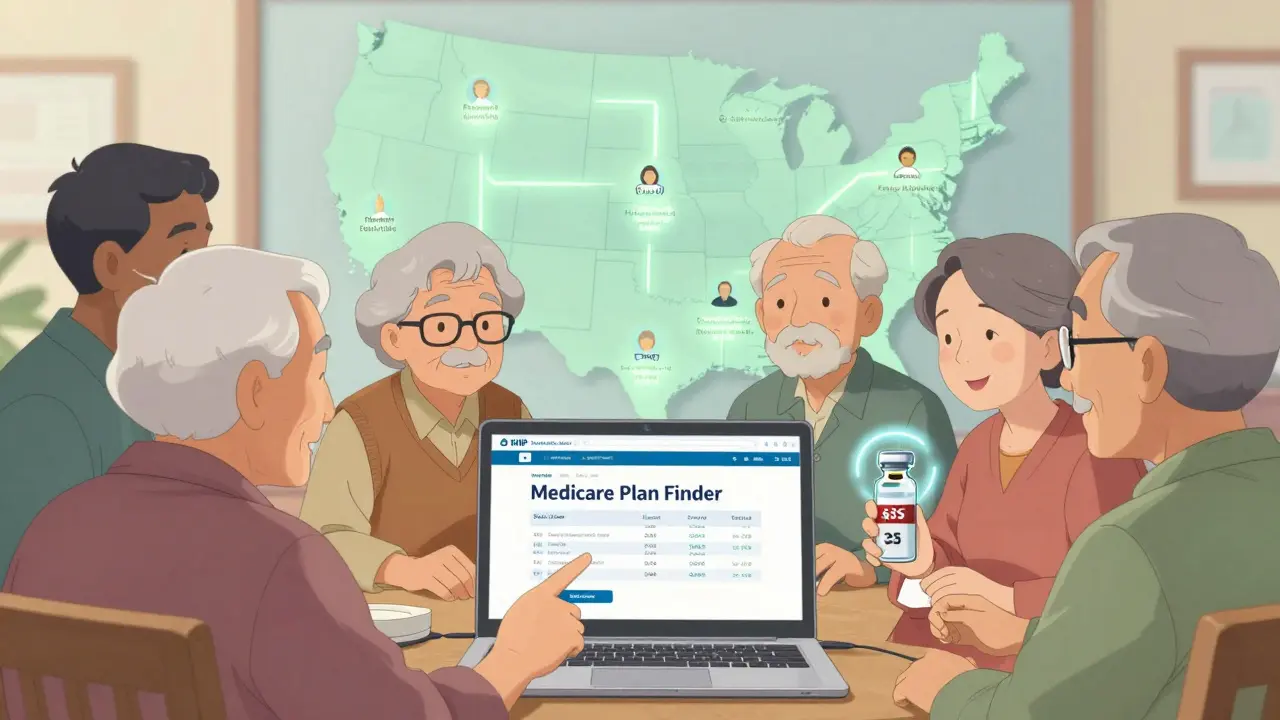 Seniors using laptop to compare Medicare drug plans with insulin vial and icons