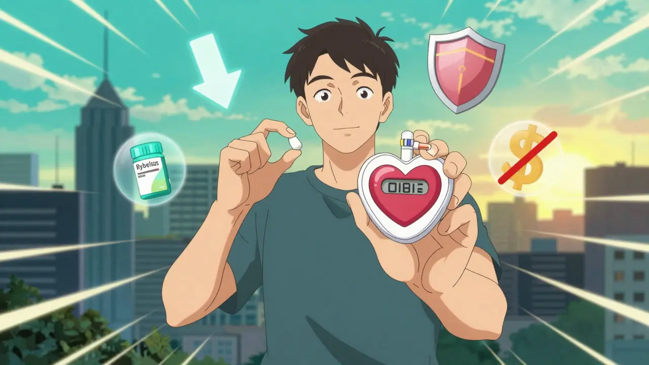 Someone holding an oral GLP-1 agonist pill with icons representing weight loss, heart protection, and reduced cost.