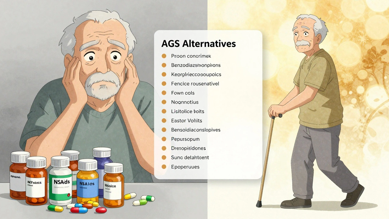 Split image: elderly man overwhelmed by pills on one side, practicing safe alternatives on the other.