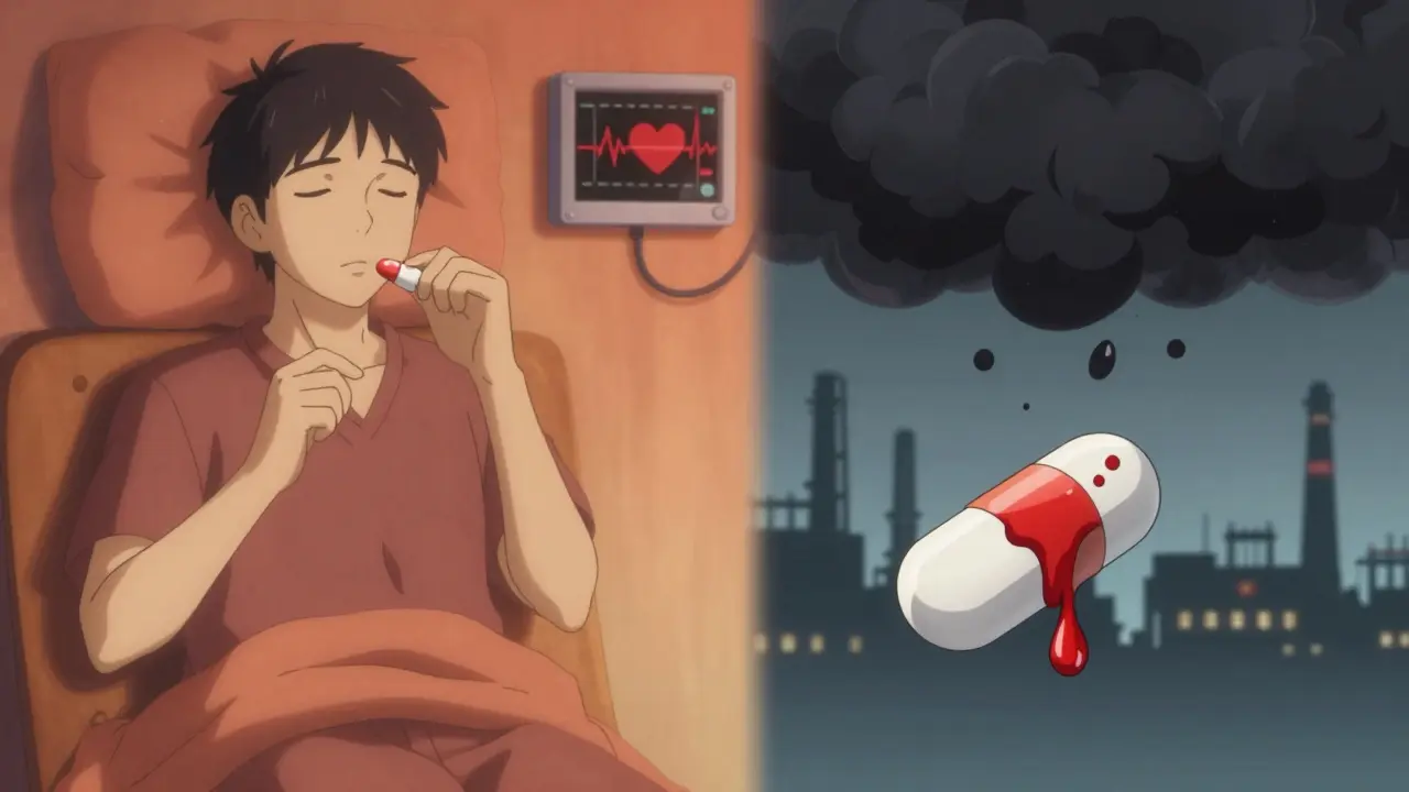 Split scene: a pill dissolving normally on one side, crumbling into dangerous particles on the other, with a leaking patch.