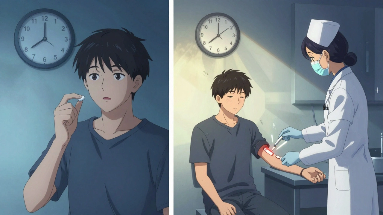 Split scene: patient taking extended-release lithium at night and getting blood drawn 24 hours later.