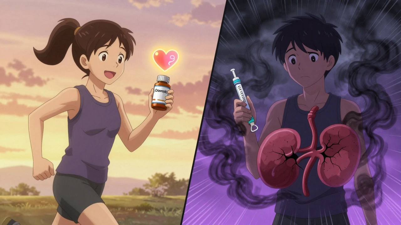 Split scene: person choosing between metformin and GLP-1 drug with symbolic health icons.