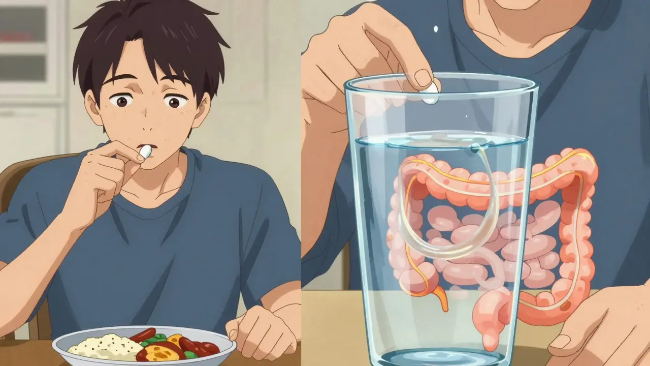 Split scene: person taking diabetes pill and later fiber supplement, gel-like substance around pill.