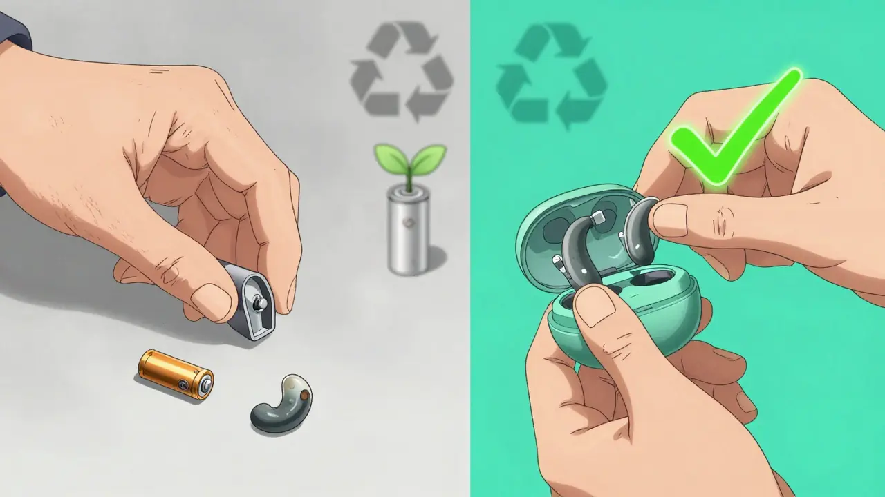 Split scene showing struggle with tiny batteries vs. effortless charging of hearing aids.