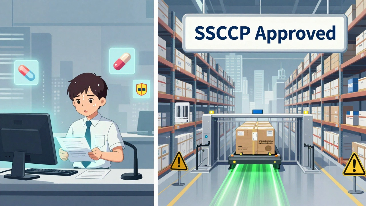 Split scene: small startup submitting paperwork vs. approved pharma shipment clearing quickly.