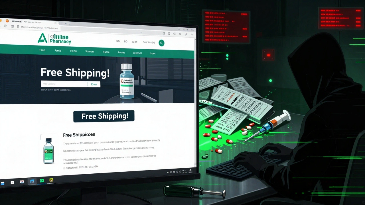 Split-screen: fake online pharmacy vs. dark web counterfeits with fentanyl pills and glitch effects.