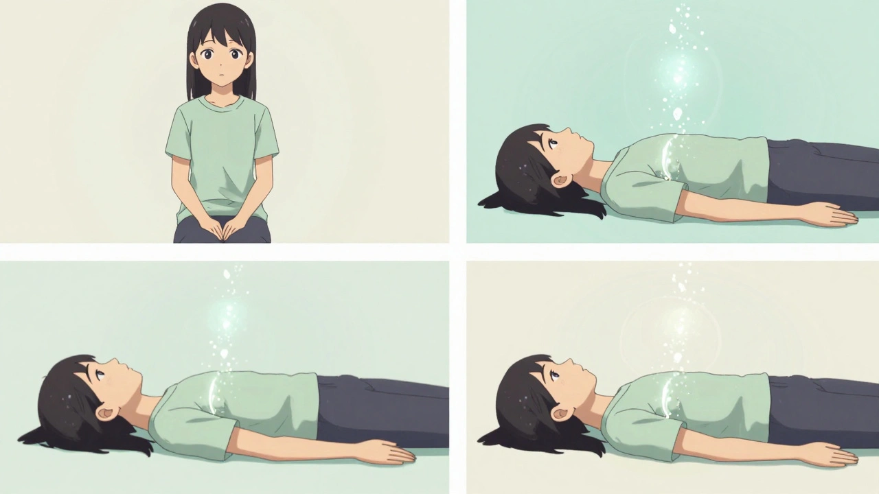 Step-by-step Epley maneuver with floating calcium crystals moving through the inner ear canal.