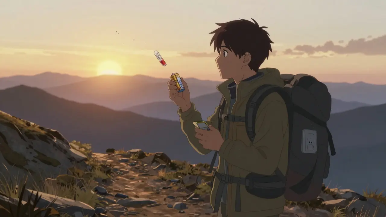 Traveler on a mountain trail holding disposable hearing aid batteries under sunrise light.