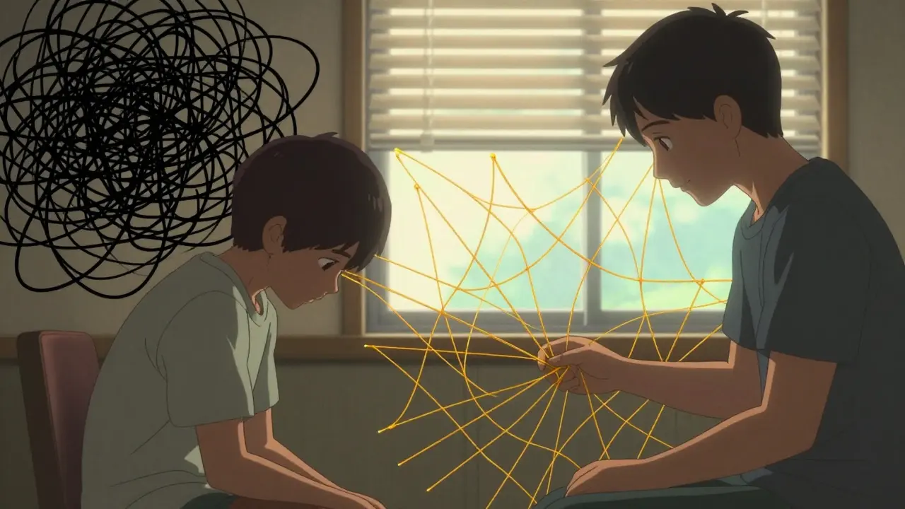 Two people in a therapy session, visualizing negative thoughts unraveling into positive connections.