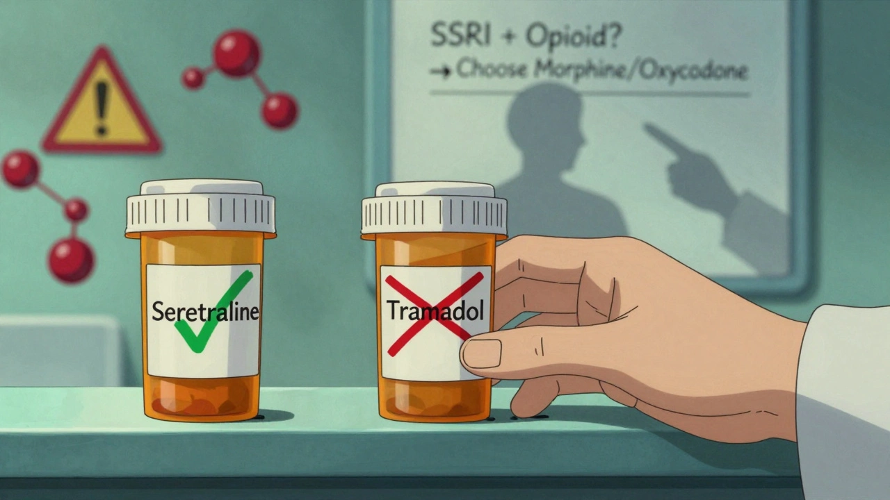 Two prescription bottles side by side: sertraline approved, tramadol crossed out in red with safer alternatives shown