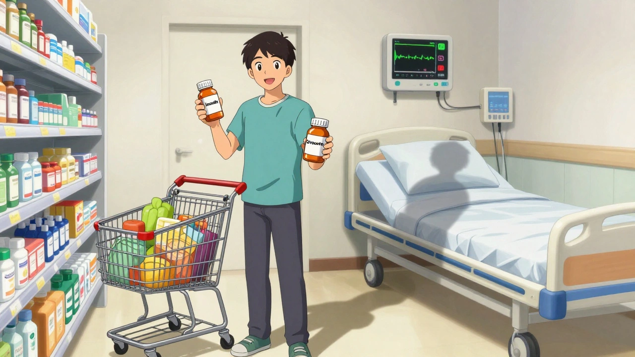 Young man torn between buying insulin and groceries, with a hospital bed in his shadow.