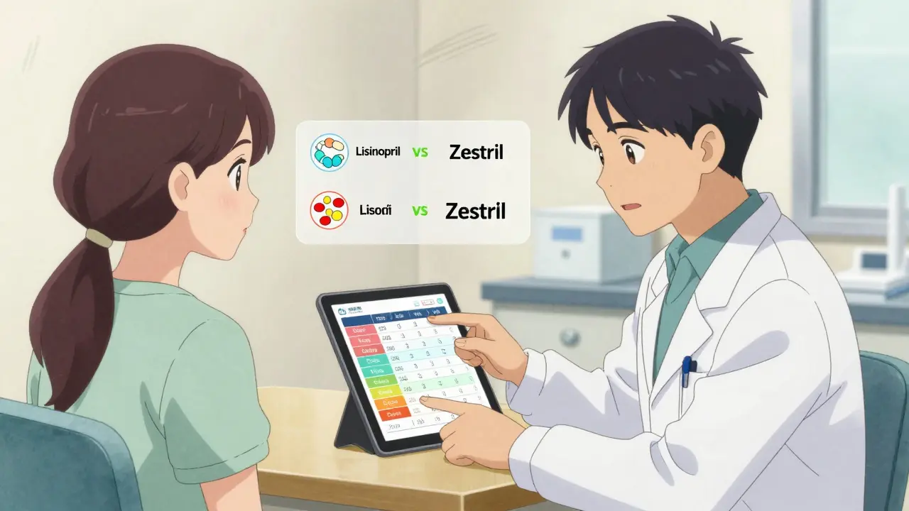 A doctor and patient reviewing a digital formulary list with generic and brand drug comparisons.