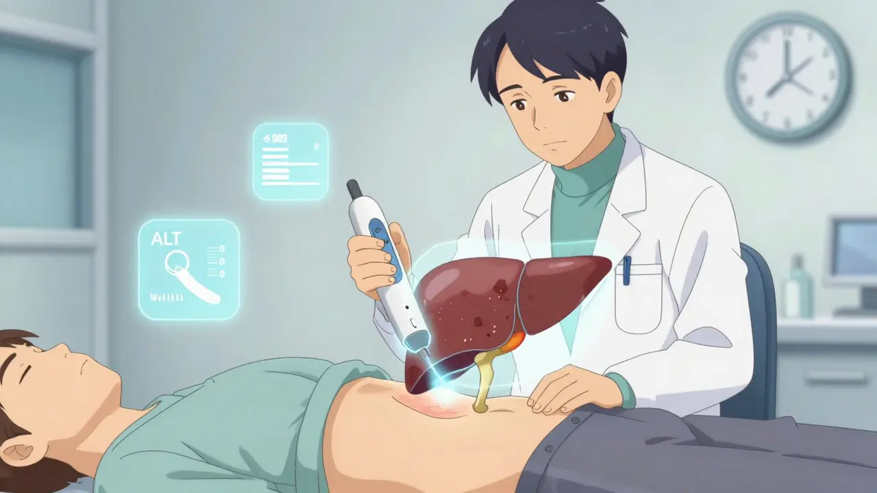 A doctor using a FibroScan device to show liver healing with medical icons floating nearby.