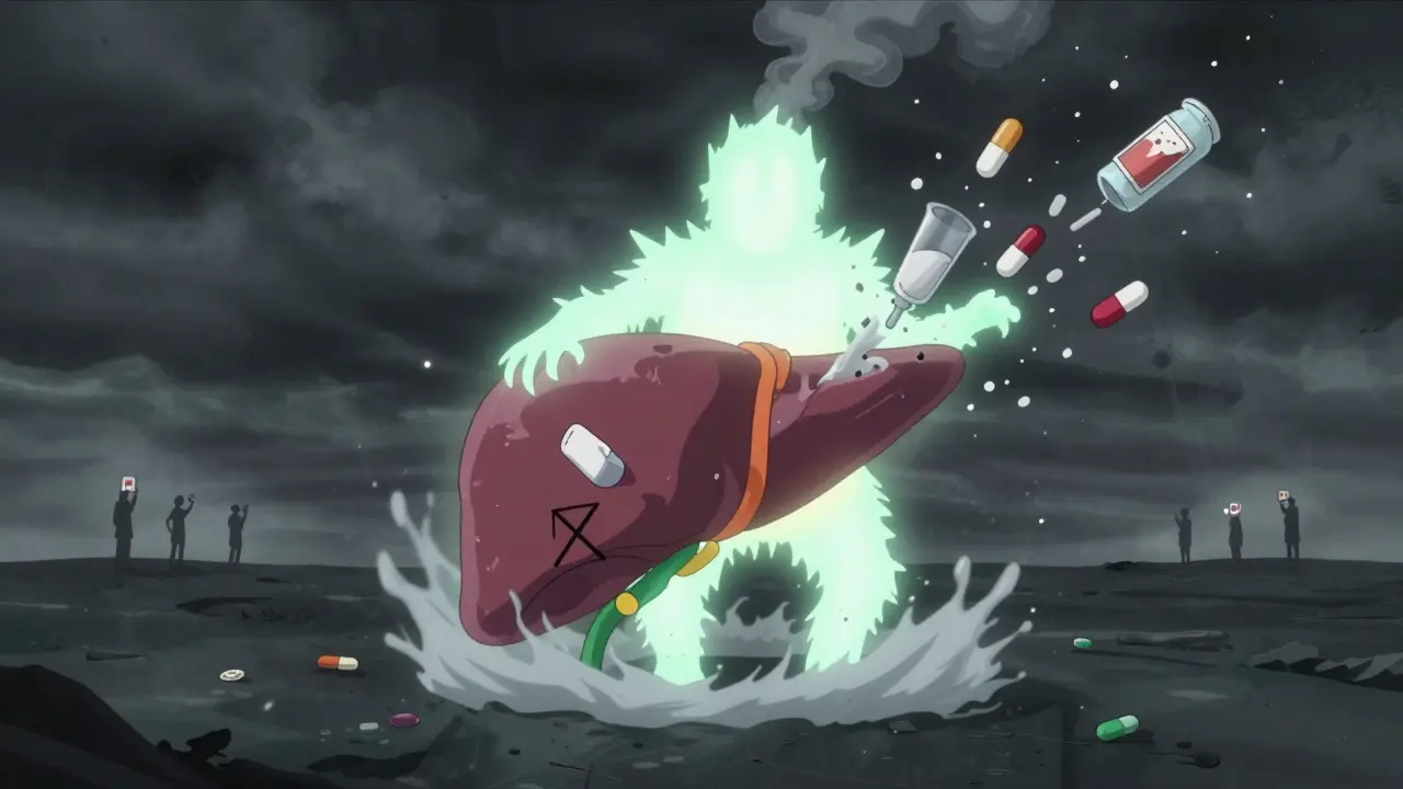A glowing liver under attack by symbols of drugs, with a toxic cocaethylene monster forming in a stormy body landscape.