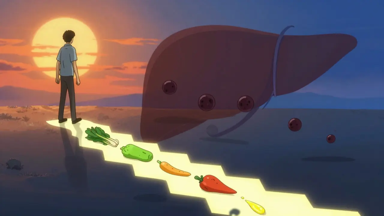 A person walking after dinner as healthy foods and steps replace fat in their liver silhouette.