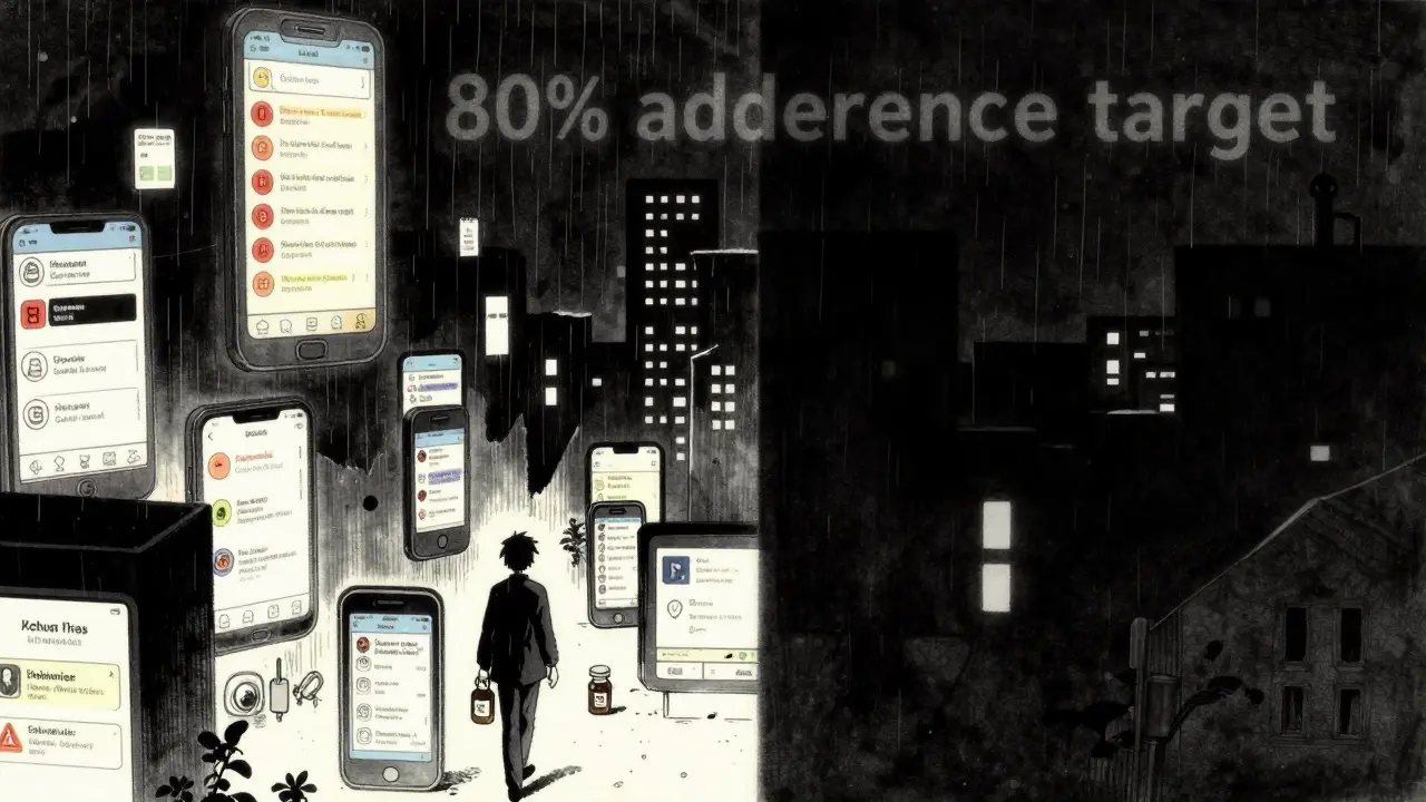 A person walks away from a clinic at night as digital alerts fade into a dark cityscape.