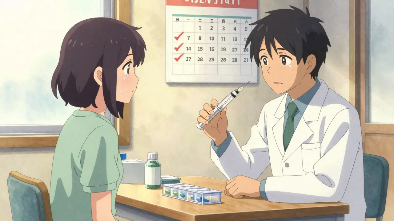 A pharmacist and patient share a quiet moment with a long-acting injectable on a clinic table.