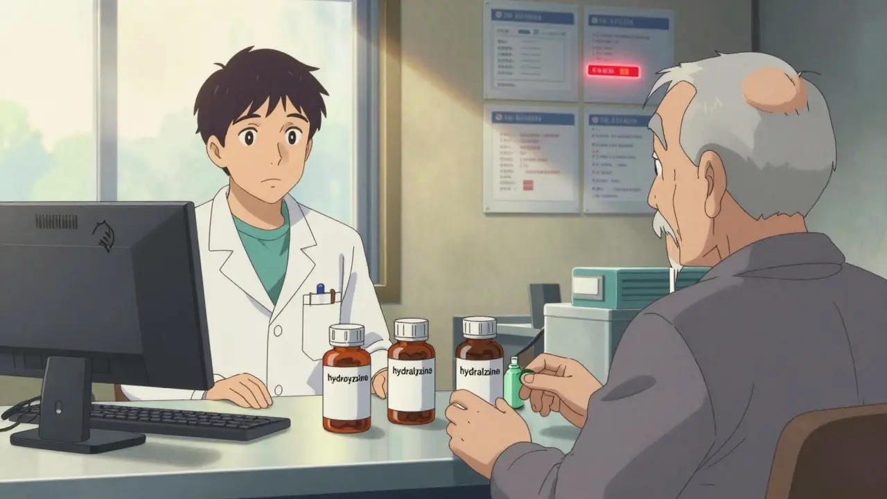 A pharmacist holding similar-looking pill bottles while an elderly patient looks confused.