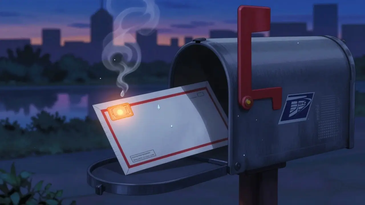 A prepaid drug envelope being dropped into a USPS mailbox at dusk with a glowing seal.