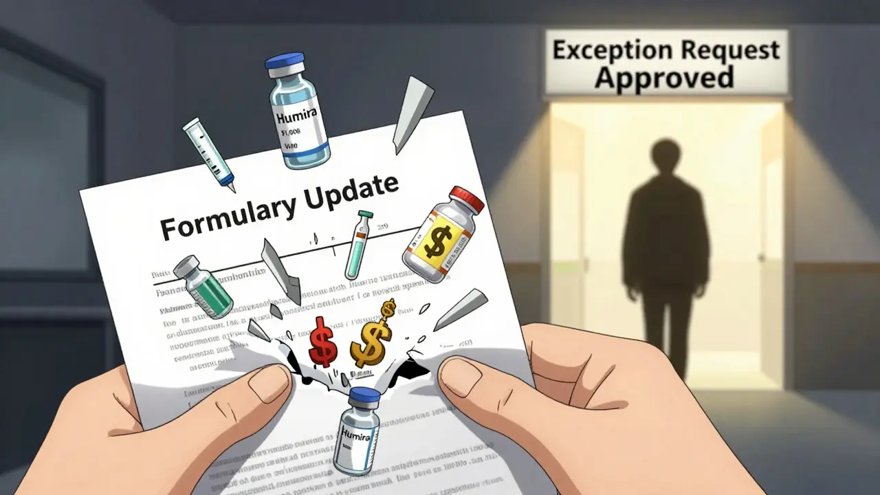 A torn insurance document turning into drug bottles and dollar signs, with a figure walking toward approval light.