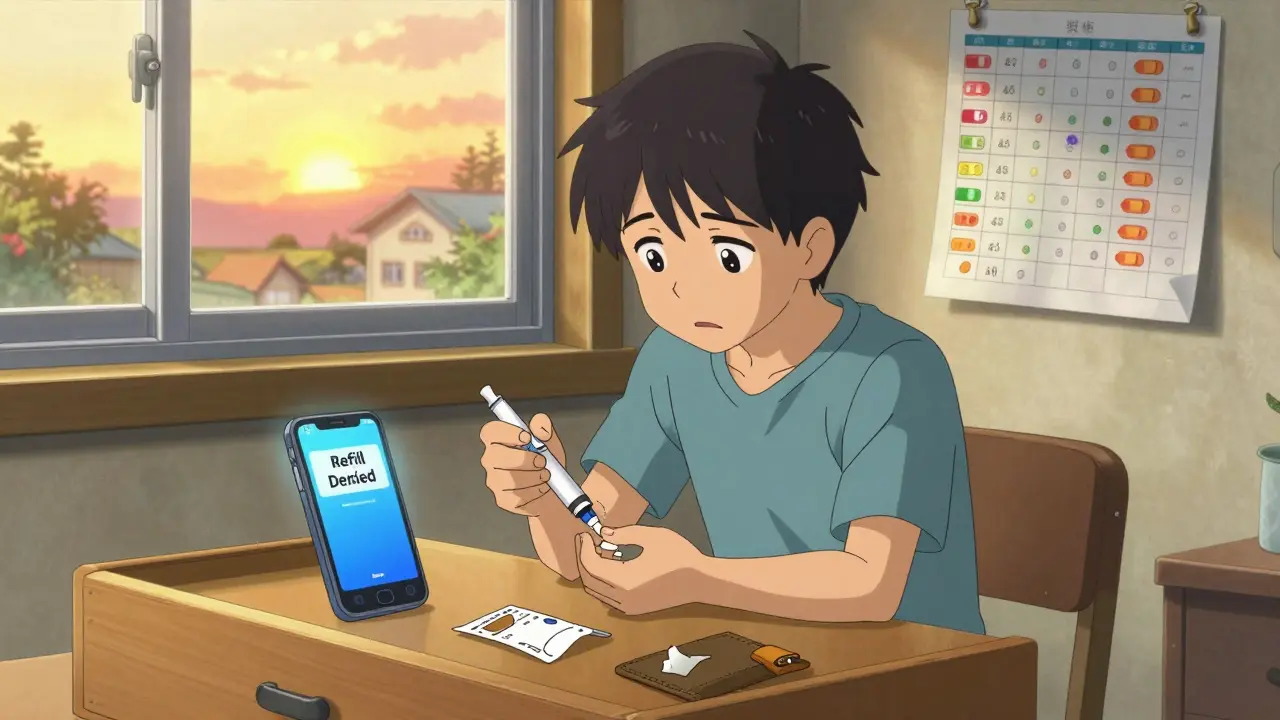 A young patient hesitating to take insulin, with an empty wallet and denied refill notice on a phone.