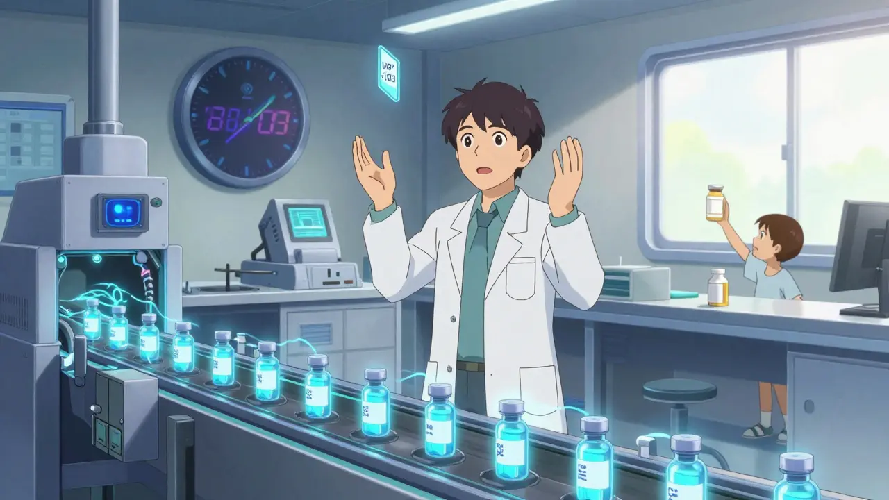 AI sensors scan biologic vials as a human analyst catches falling data, child reaches for prescription in background.