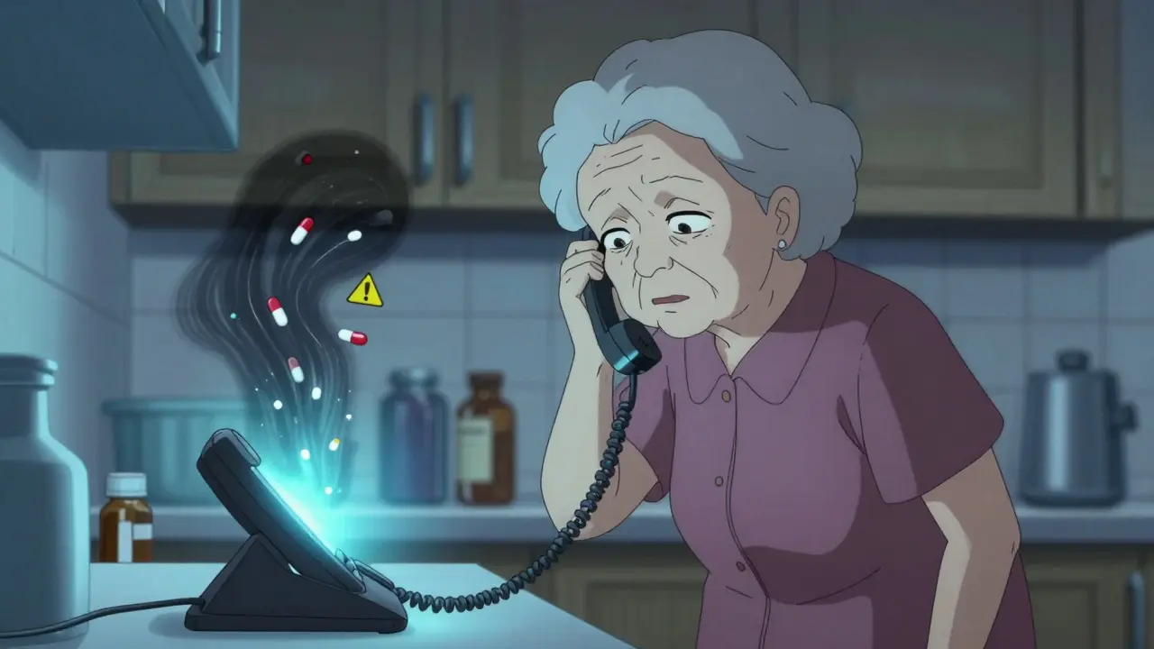 An elderly woman feeling dizzy in her kitchen, her shadow shaped by warning symbols from her pills.