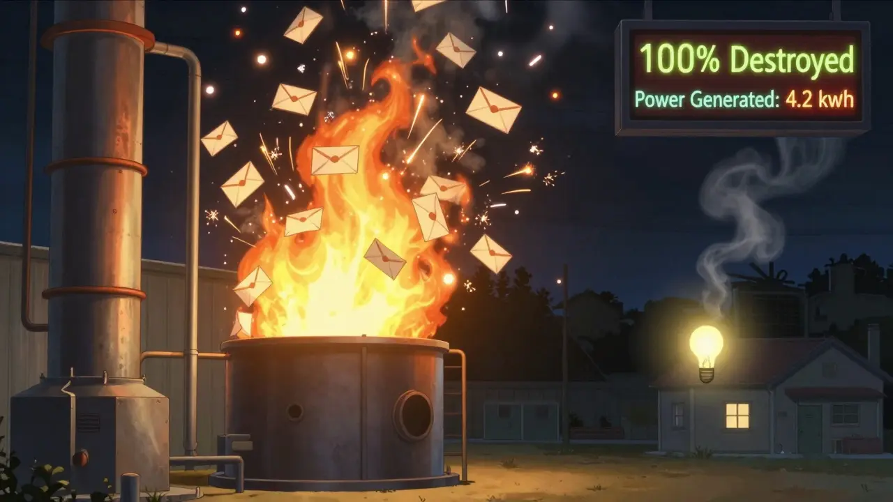 An incinerator destroying medication envelopes, powering a distant light bulb with clean energy.