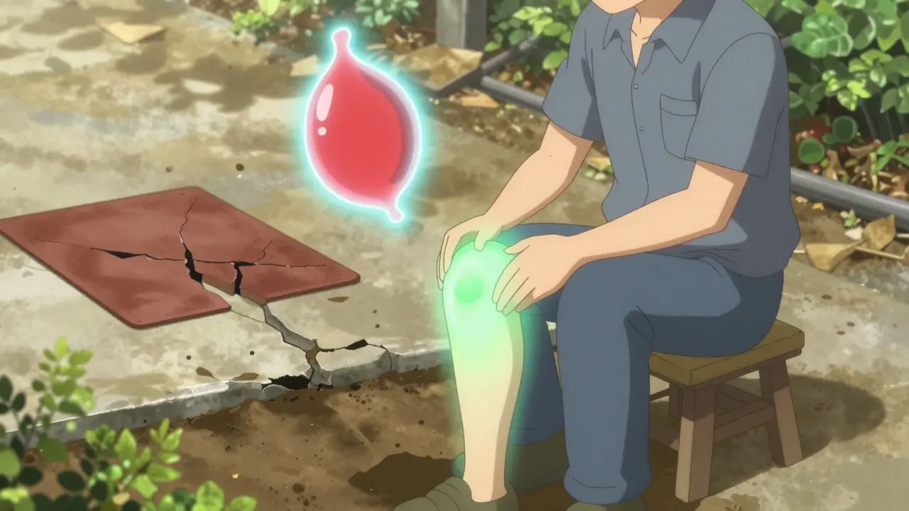 Construction worker using a stool instead of kneeling, with protective glow over his knee bursa.