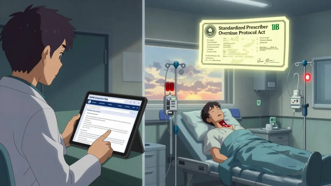 Doctor checks state rules on tablet while patient suffers in hospital, federal reform bill glows above.