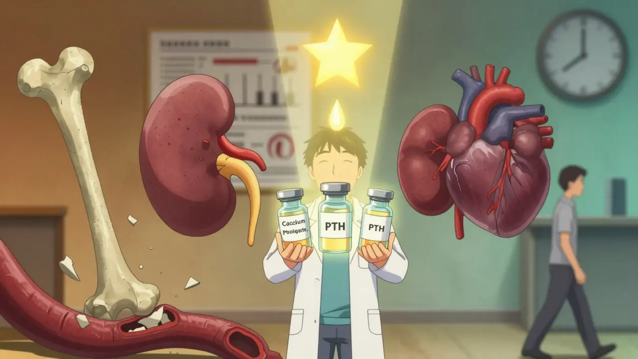 Doctor holds three vials between decaying and healthy organs, single medicine drop casting hopeful light.