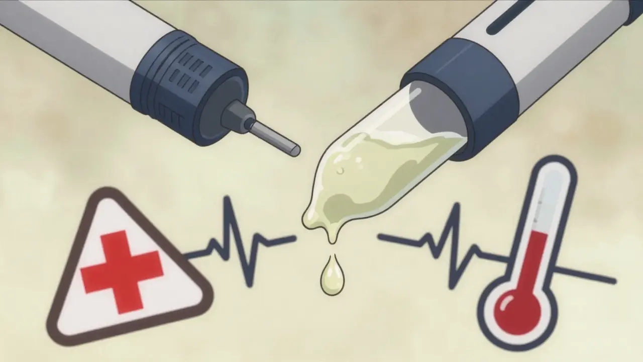 Expired insulin pen with cloudy liquid, falling drop, and warning symbols floating around it.