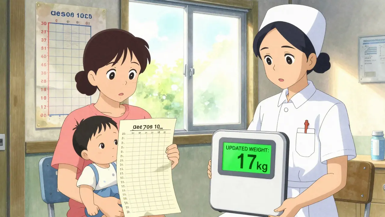 Family in rural clinic with outdated weight chart beside new digital scale reading.