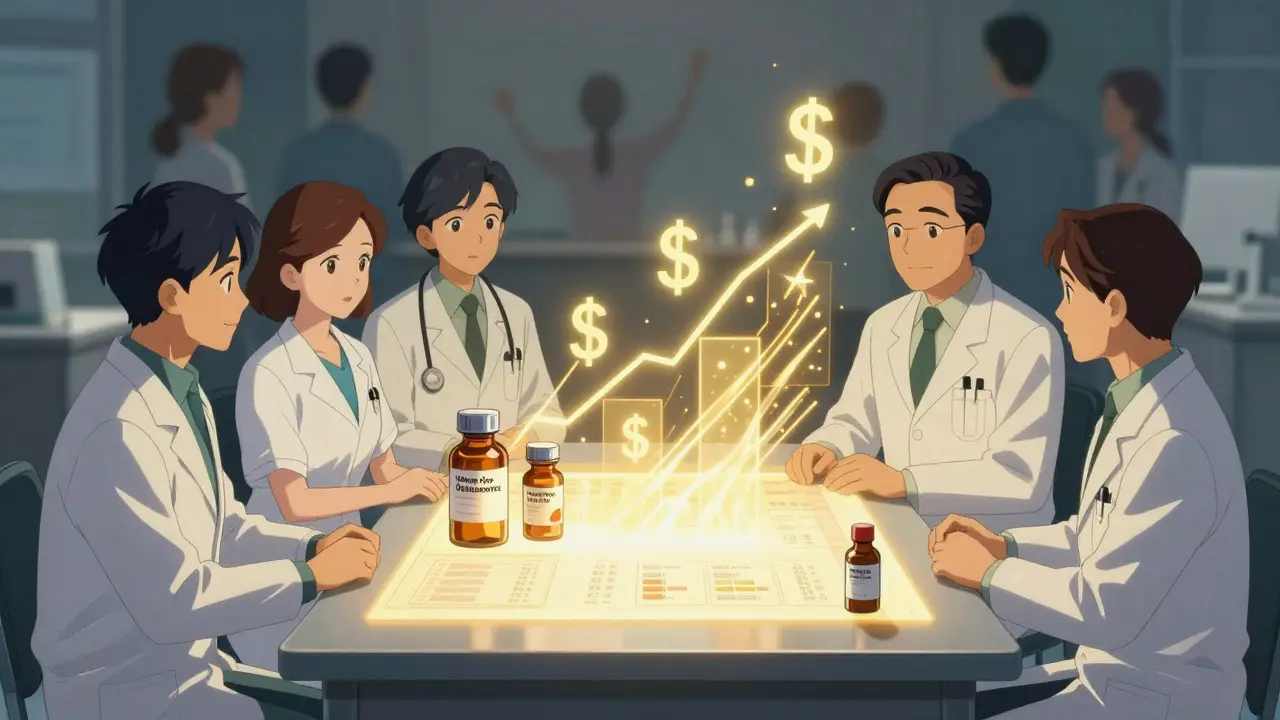 Medical team visualizing value-based contracts with biosimilars replacing expensive drugs.