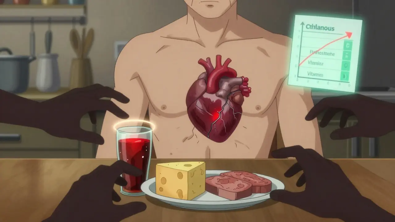 Patient at table with processed food casting shadowy calcified heart, rising phosphate levels visible.