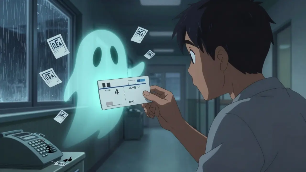 Patient holding a label with missing leading zero, a ghostly correct version floats beside it in a dim corridor.