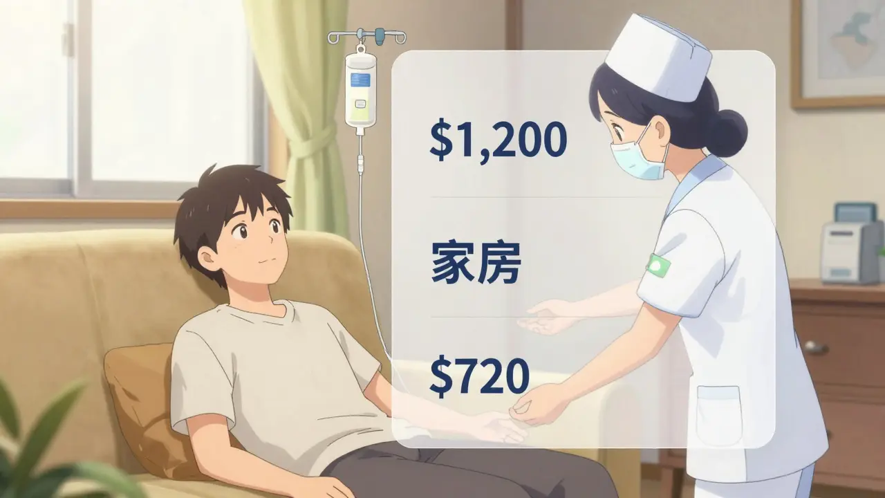 Patient receiving infusion at home with nurse, cost comparison overlay showing savings.