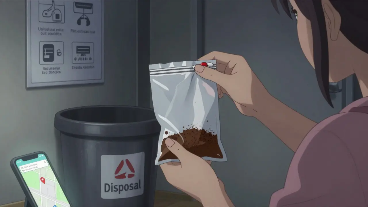 Person safely disposing of expired pills with coffee grounds in a sealed bag.