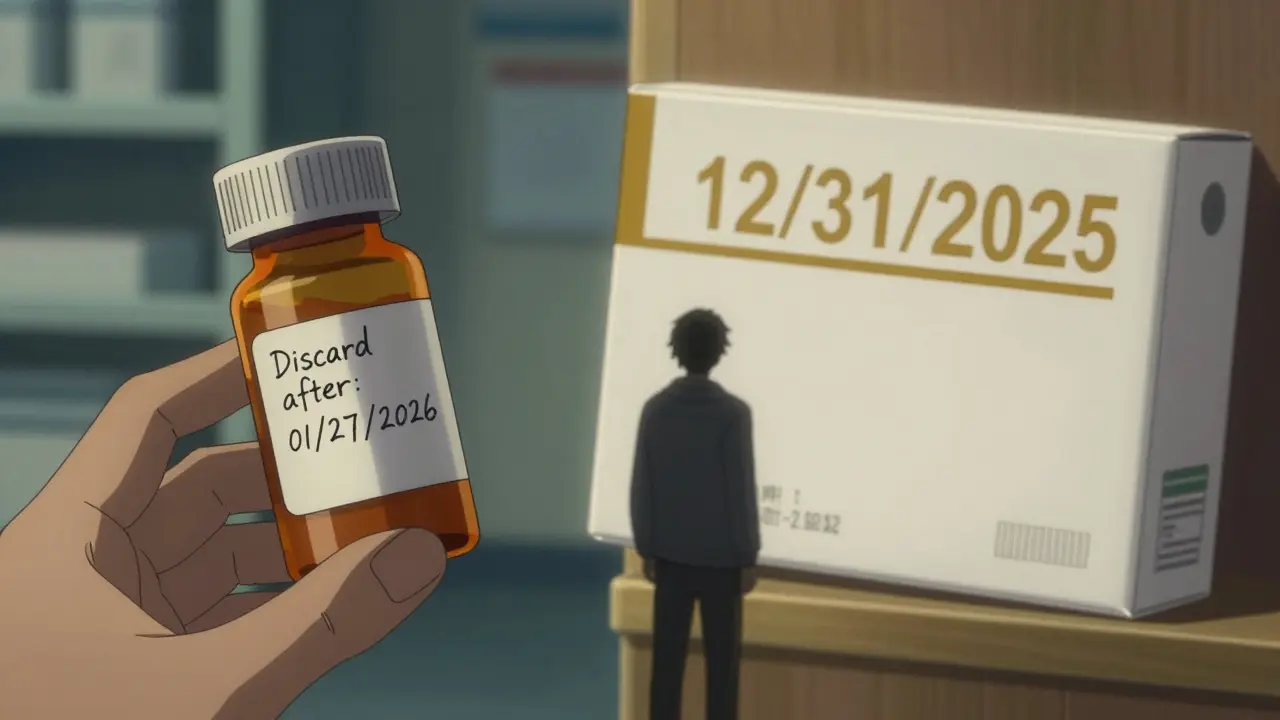 Pharmacist handing a prescription bottle next to the original manufacturer's box with a later expiration date.
