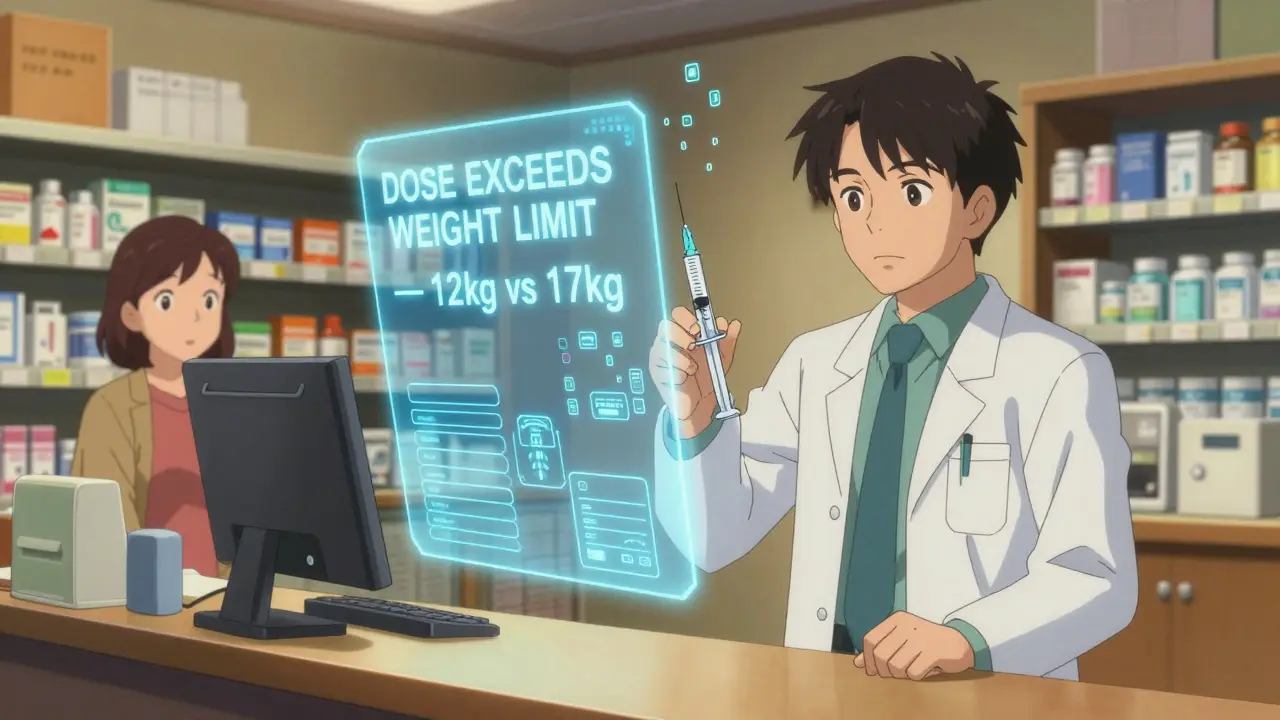 Pharmacist holding pediatric dose with holographic warning about weight mismatch.