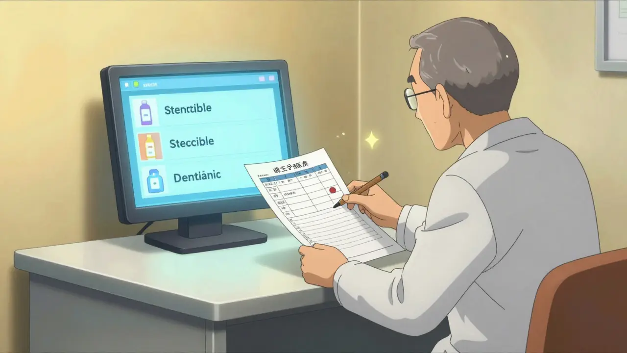 Pharmacist reviewing medication list with older man, digital screen highlighting drugs to remove.