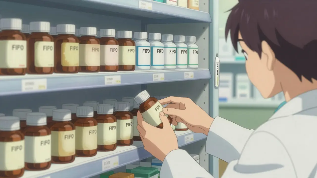Pharmacy shelf organized with oldest medications in front using FIFO method.