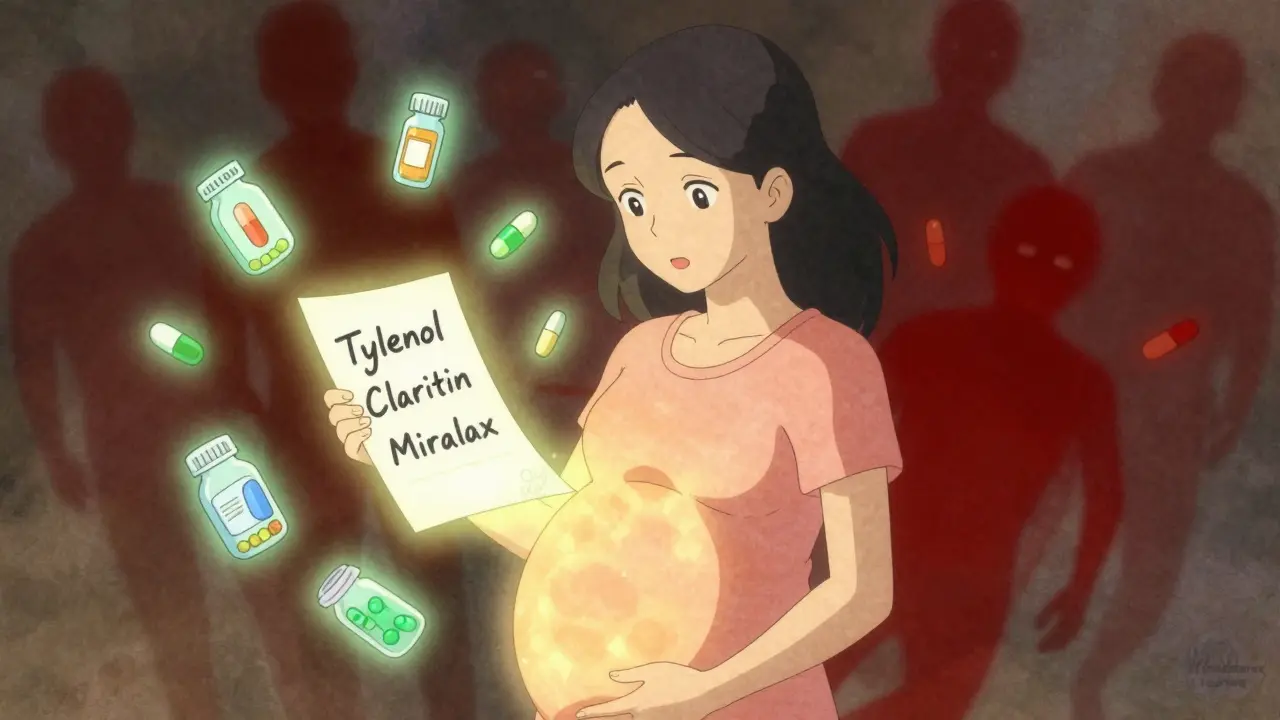 Pregnant woman surrounded by glowing safe medications, harmful drugs fading into darkness behind her.