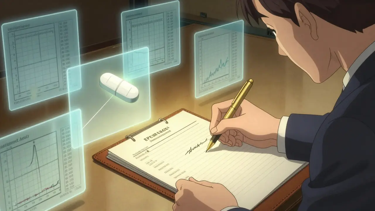 Qualified Person signing batch release log with floating test data panels and a damaged tablet nearby.