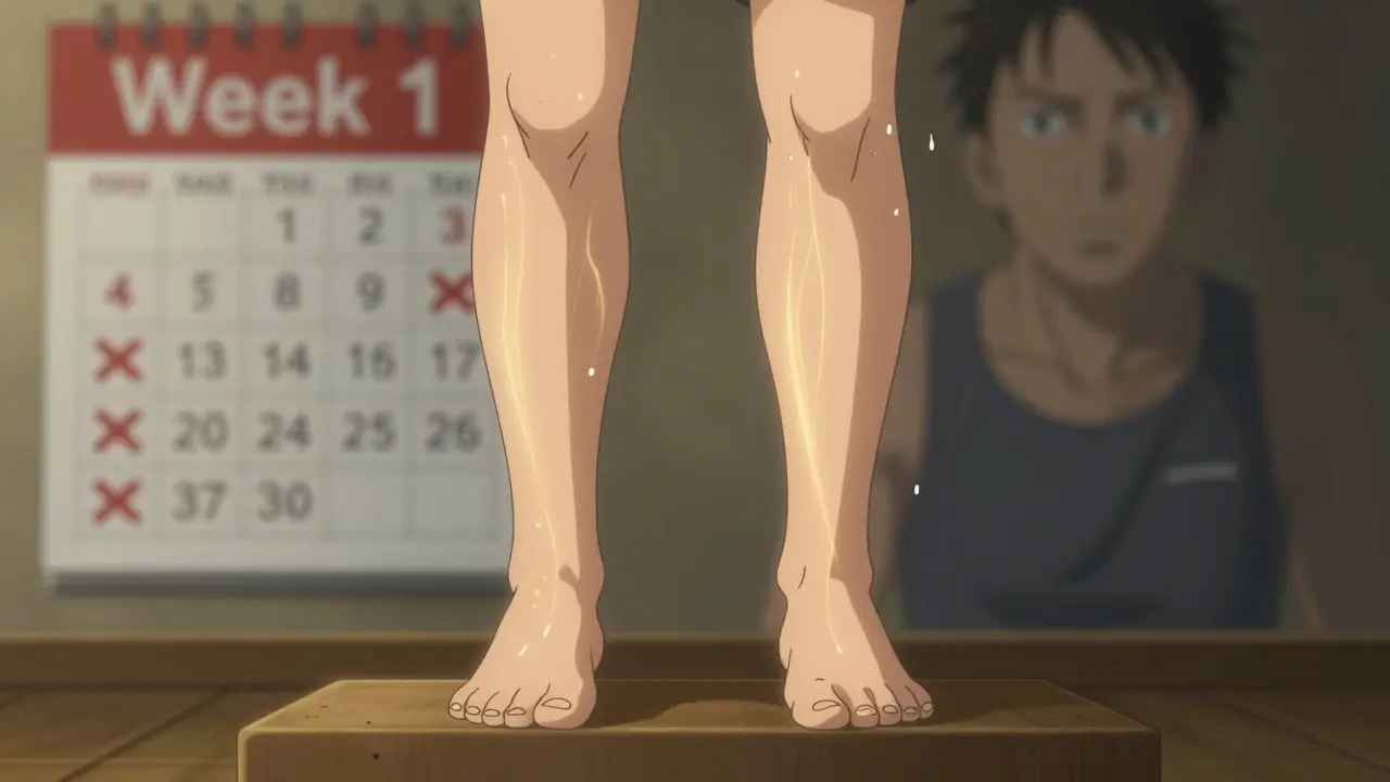 Runner doing heel raises with golden healing energy glowing from their calves.